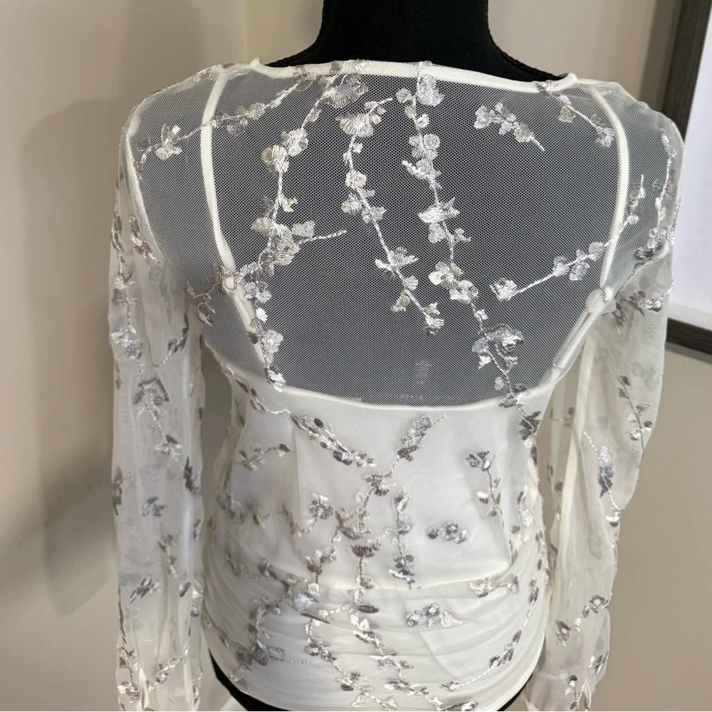 White House Black Market Sheer White Embroidered Blouse